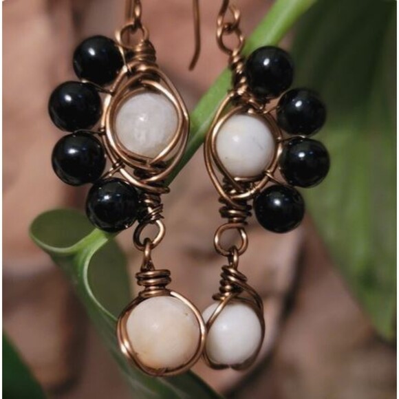Handmade Wire Wrapped Dangle Earrings – Black & White Beaded Boho Jewelry - Picture 2 of 9